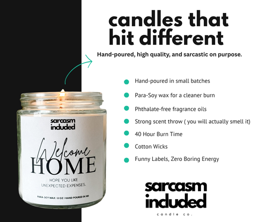 Candle with 'sarcasm included' branding and product features listed on a white background.